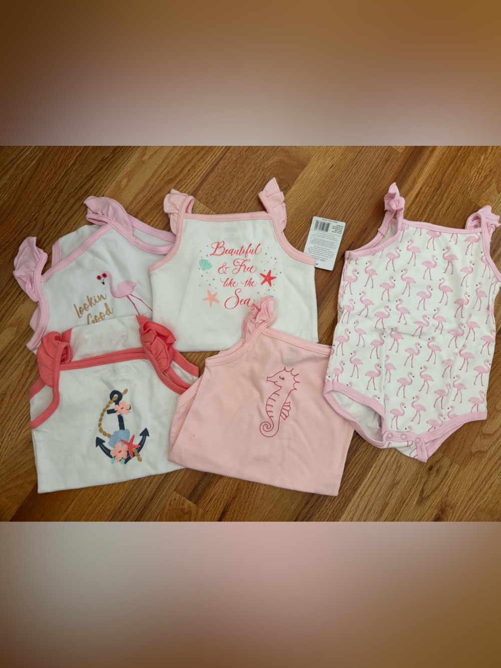 Girl 24 months set of 5 onesies Pink & White Flamingo + Seaside nautical NEW